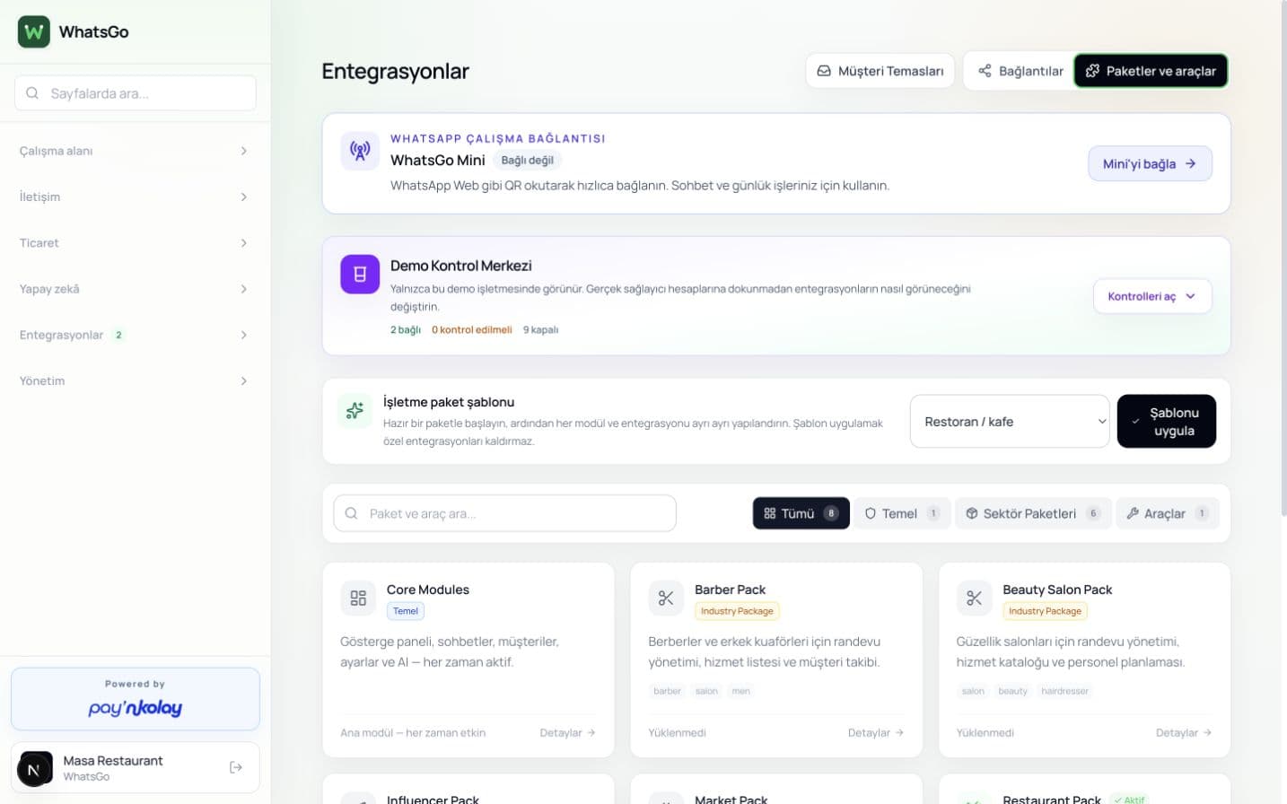 WhatsGo paketler ve araçlar sayfası