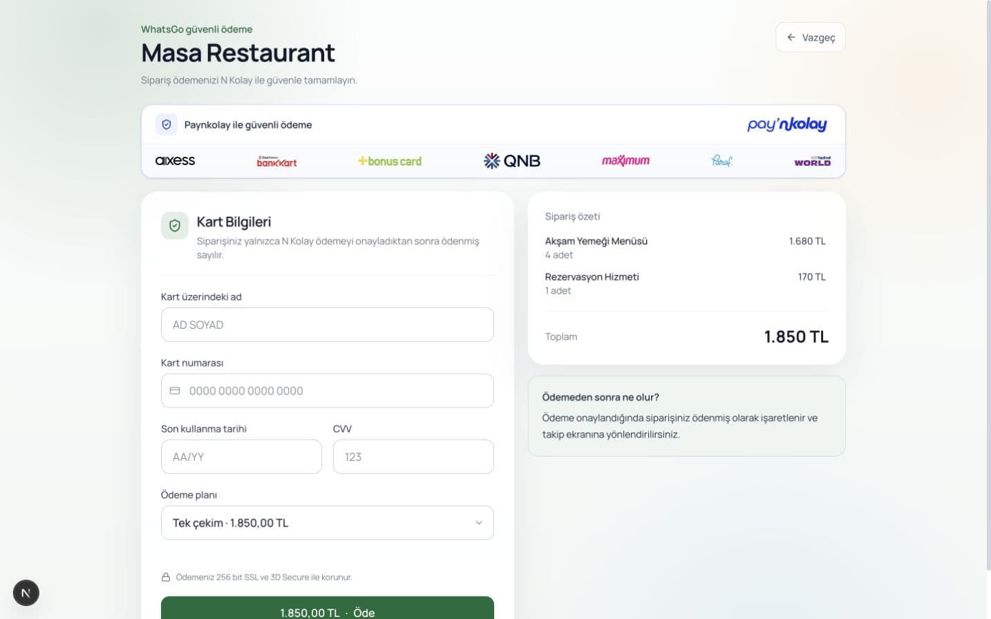 Paynkolay ve desteklenen kart programlarını gösteren gerçek WhatsGo ödeme ekranı